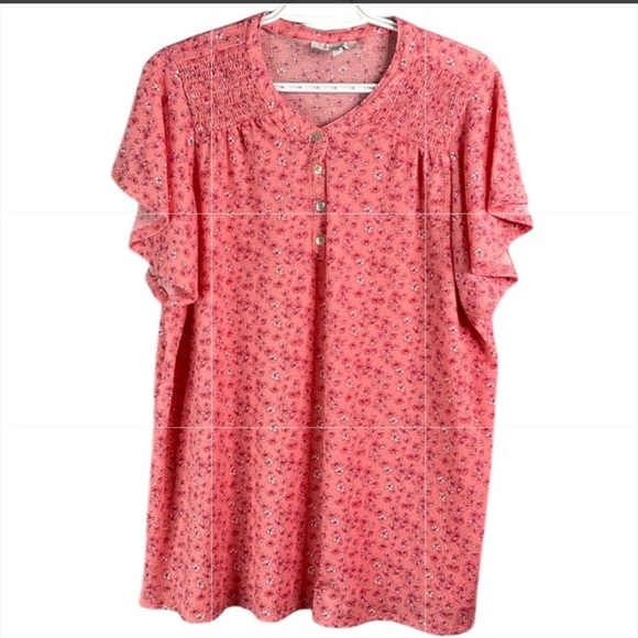 MY STYLE Floral Flutter Sleeve Top Coral Pink Smock Shoulders 1/4 Button 1X - Picture 2 of 12